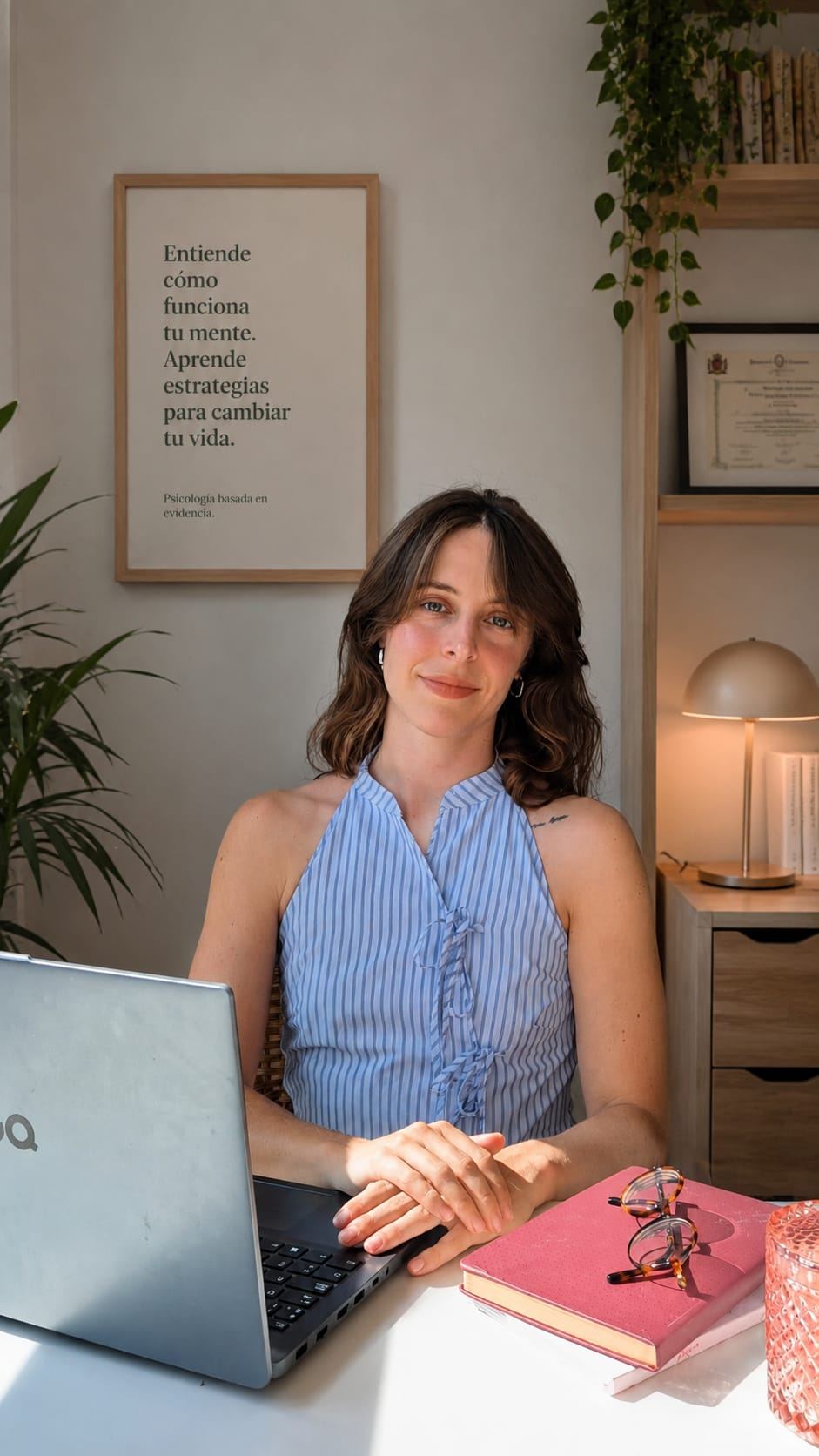 Altea, psicóloga, trabajando en su consulta online